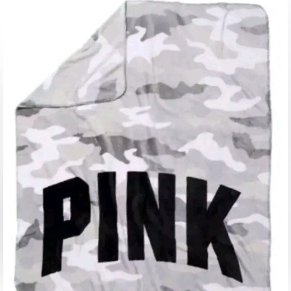PINK Victoria's Secret Other - PINK Victoria’s Secret Camo Sherpa Fleece Blanket Gray White with Black Logo